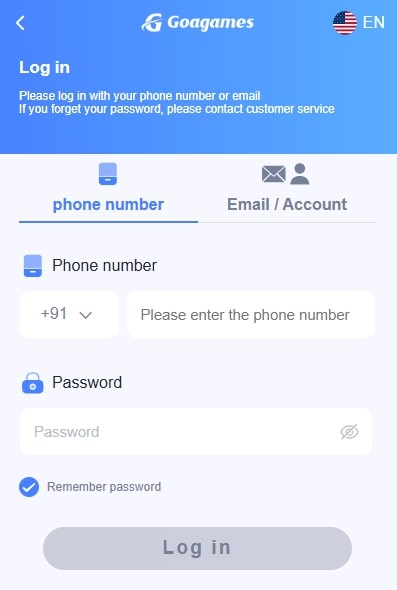Goa games login page