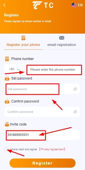 enter phone number and password to register for the TC lottery account