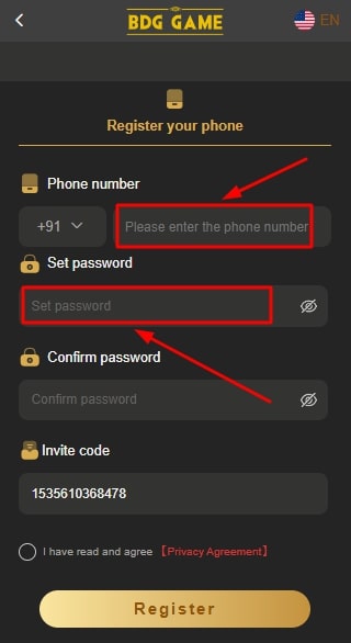 Enter your mobile number and password for registration