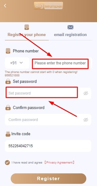 enter phone number and setup password