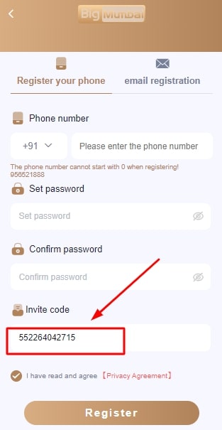enter the invitation code of big mumbai
