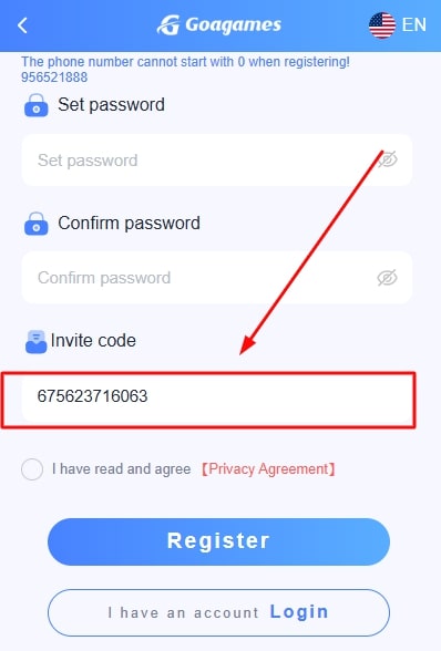 enter the goa games invitation code